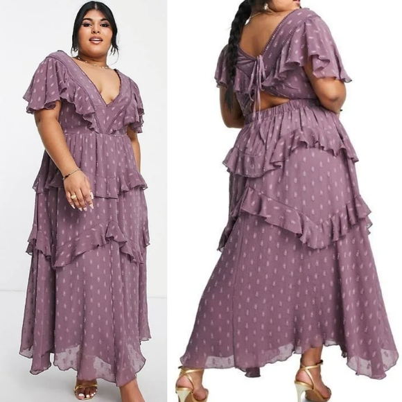ASOS Curve Dresses & Skirts - ASOS Design Curve Textured Tiered Midi Dress Lace Open Back Mauve Purple Size 18